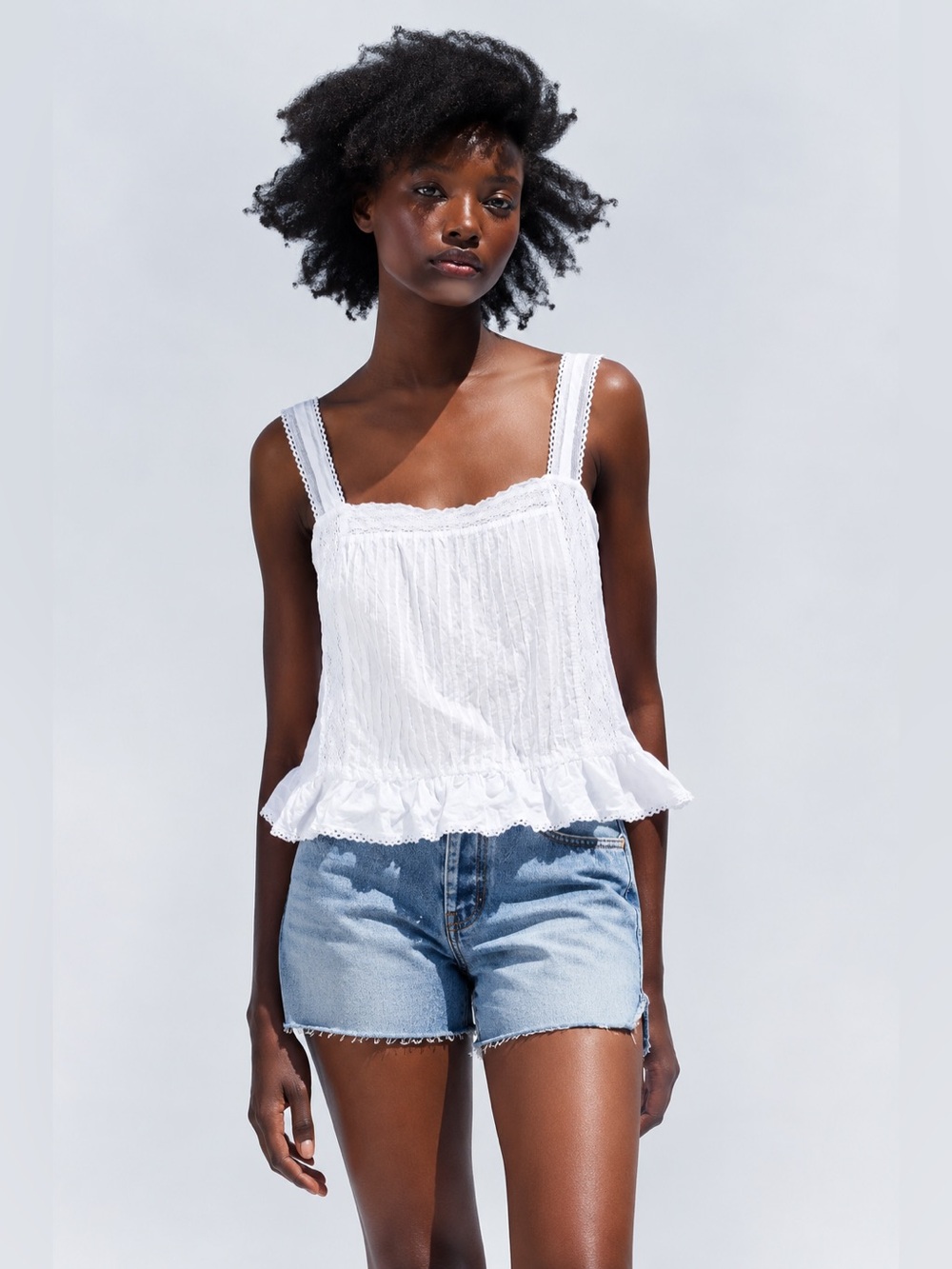 Zara White Eyelet Lace Trimmed Ruffle Tank Top